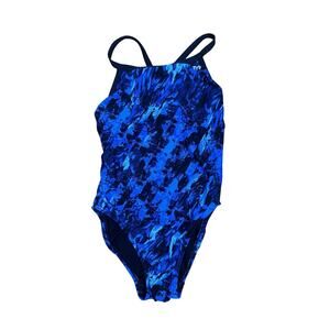 TYR One Piece Swimsuit Womens Sz 32 M Black Blue Swim Suit Keyhole Back